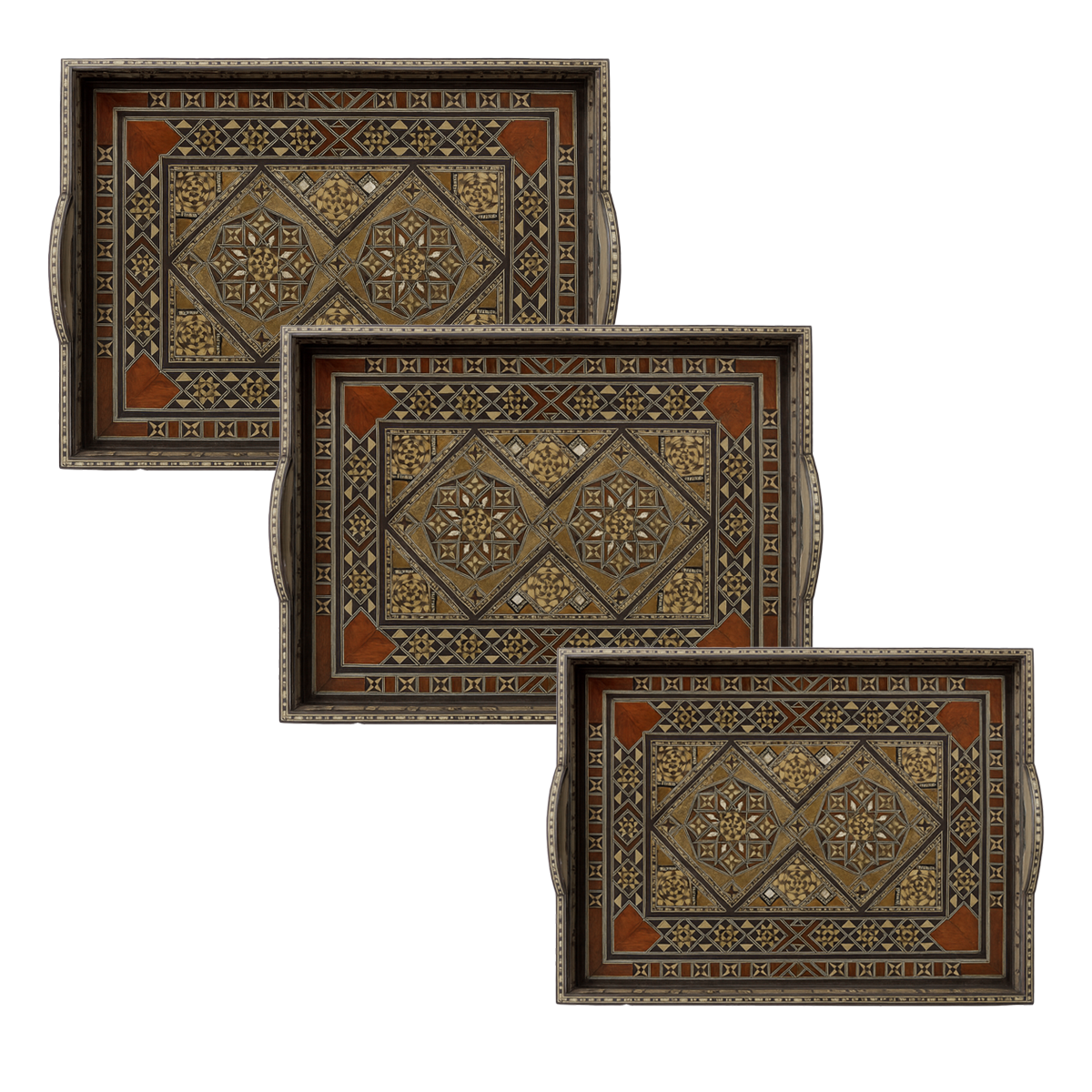 Wood Tray 3 Set with Damascus Mosaic Engravings