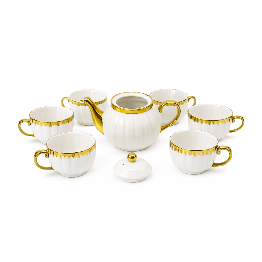Tea Cup 7 Set 1Pot+6Cups White Gold 13-5020
