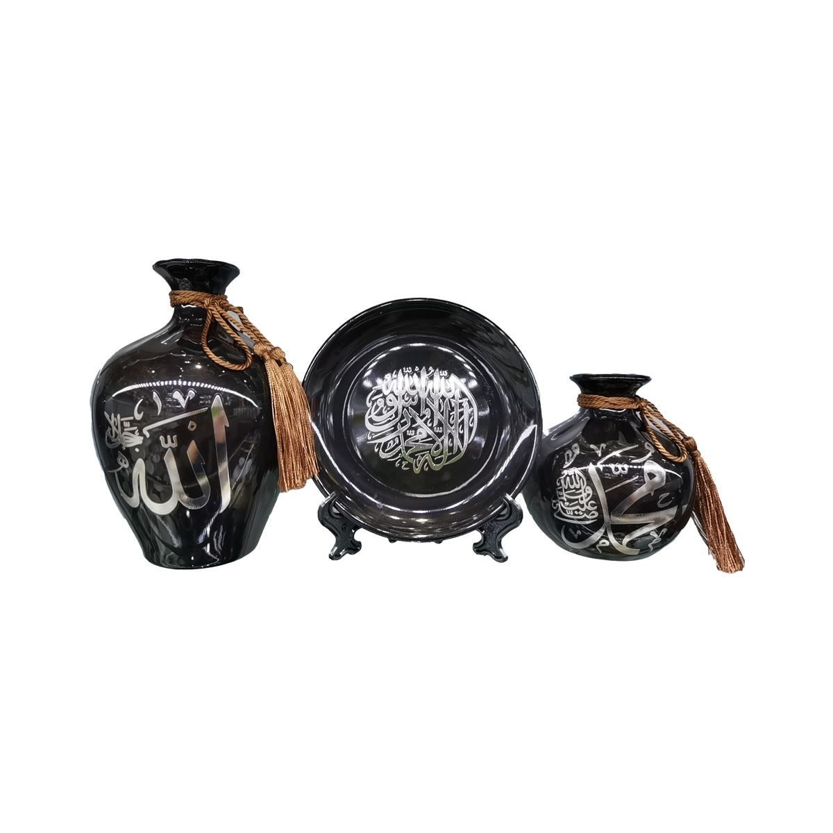 Ceramic Display 3Pcs Set 2 Jars 1 Plate Black+silver words CVP-L468BS (5C3)
