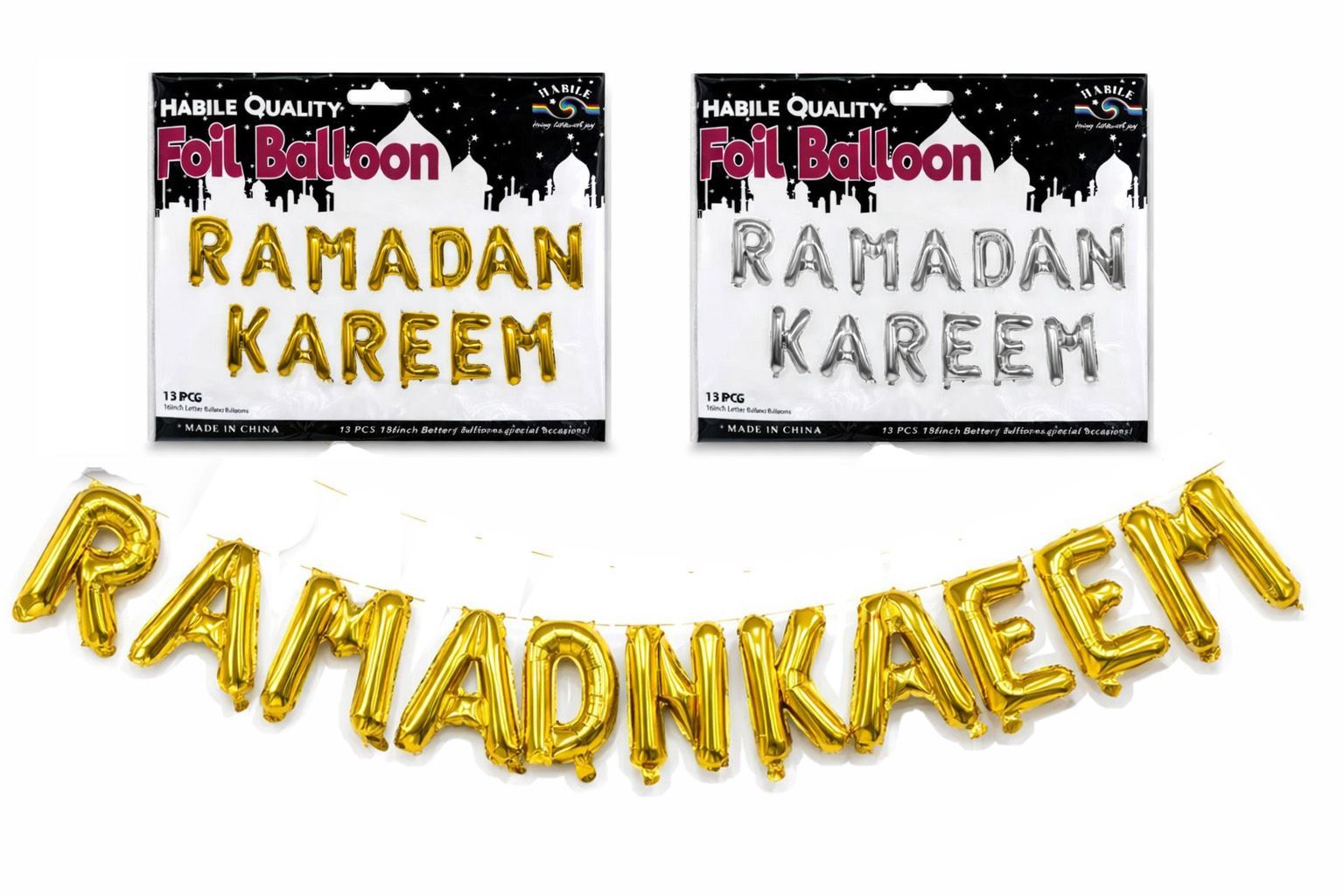 Ramadan Foil Balloon  set-16" Mix Gold/Silver- Ramadan Kareem-13Pcs RM26-117