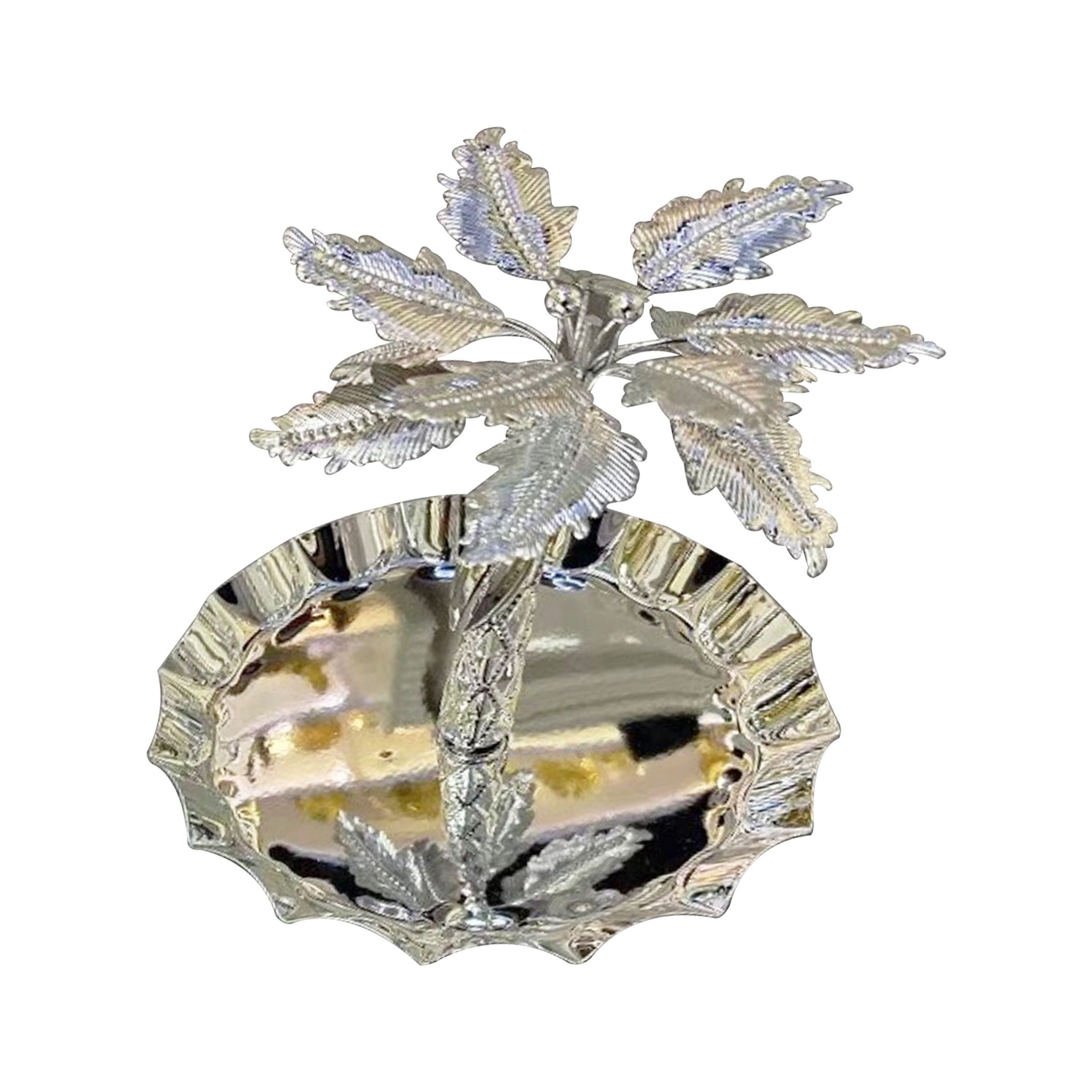 Metal Tray Palm Tree Design Round Silver 20cm (7.87inch) CT-20MS