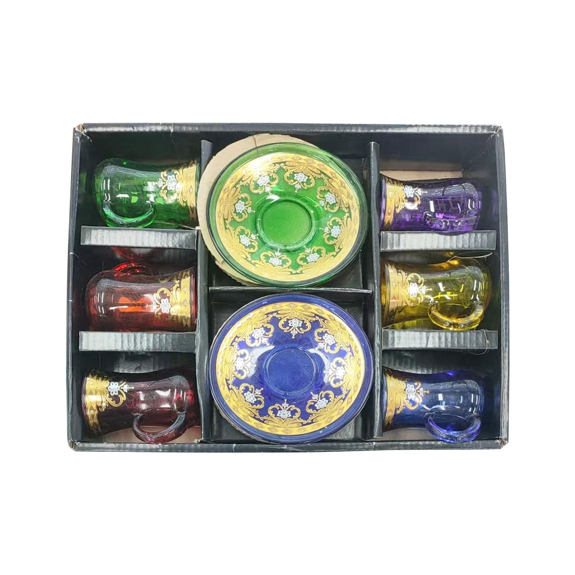Glass Tea Cup  6Pcs Set Cups/Saucers Colors THBD103-PS