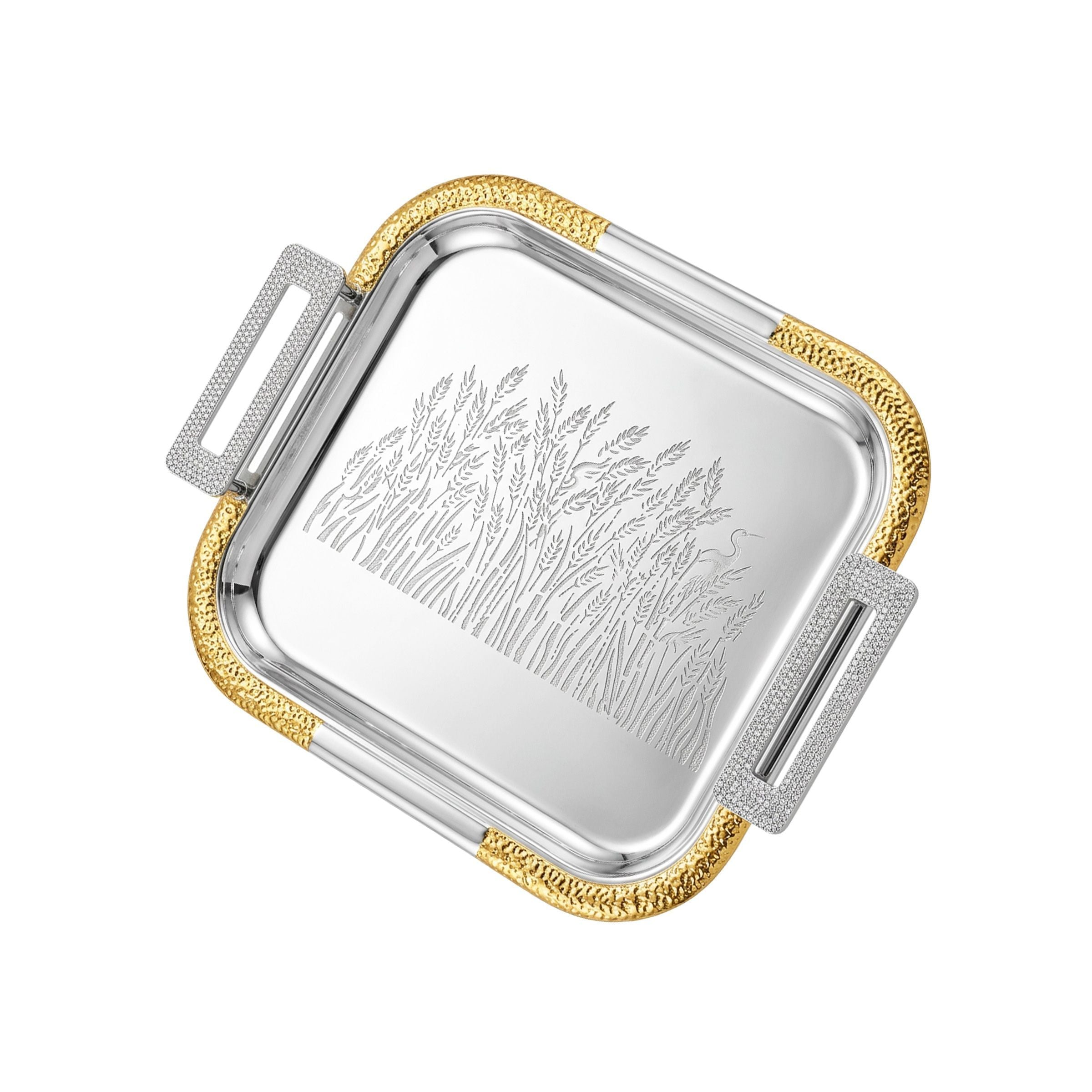 Metal Square Tray set-3Pcs Gold+Silver(Silver Handle) STR-3GS