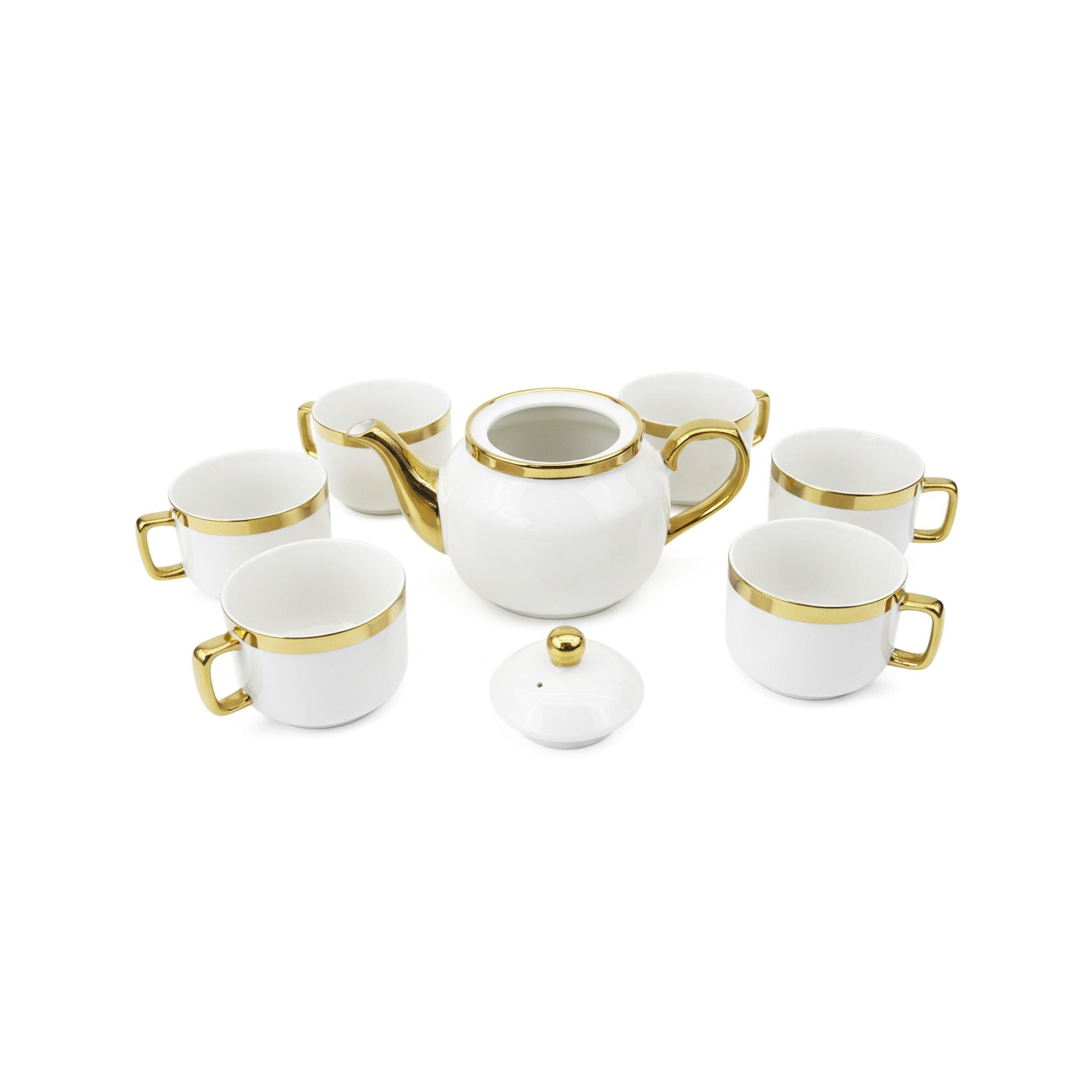 Tea Cup 7 Set 1Pot+6Cups White Gold 13-58