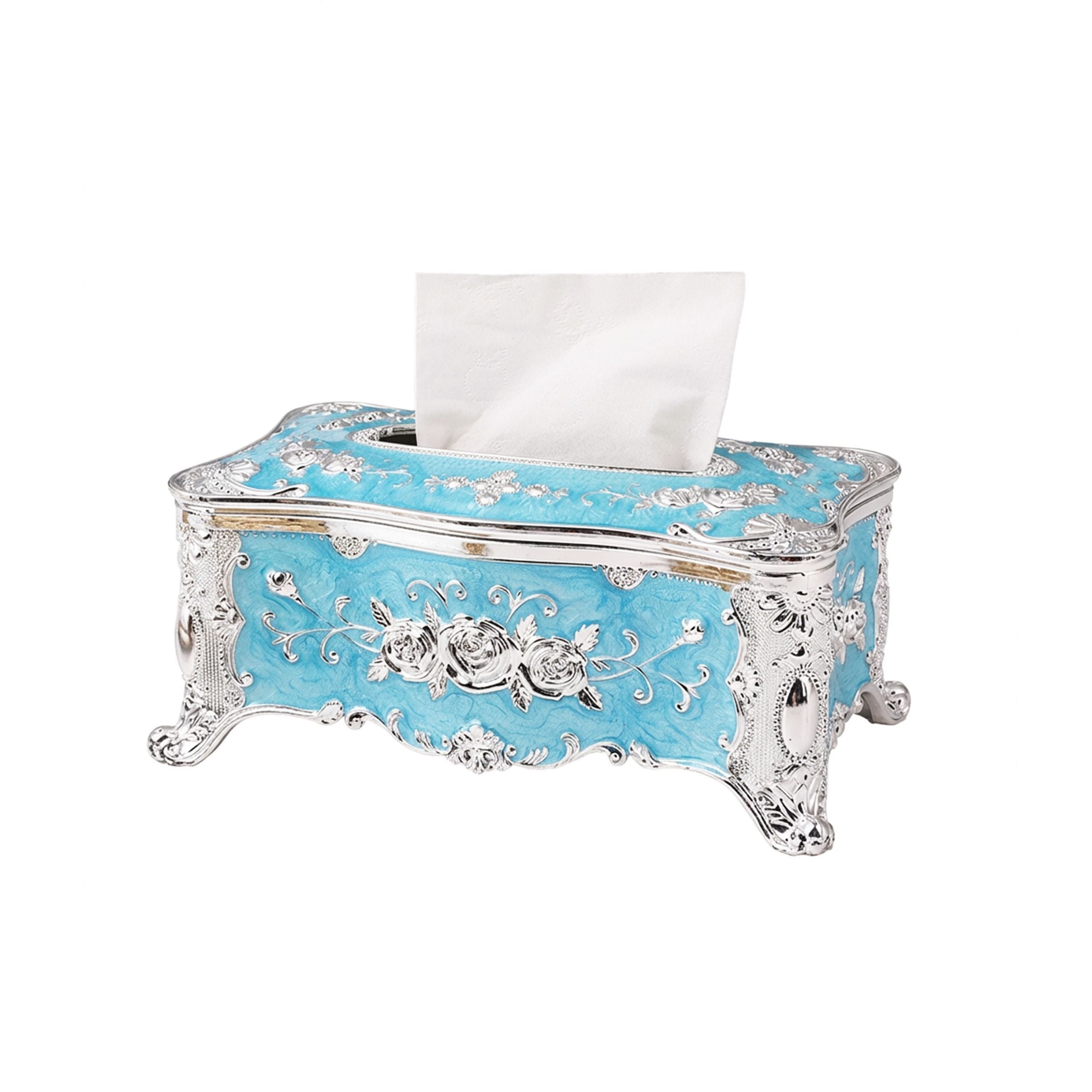Tissue Box Silver/Blue Flower 24.5X14X14Cm (9.65X5.43X5.71Inch) Tb-24Lb