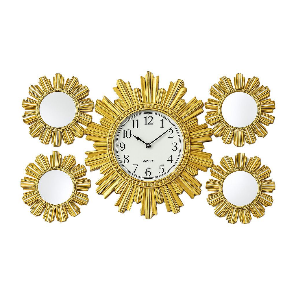 Wall Clock & Mirror Set  Clock/ 35cm(13.78inch) Mirror/ 25cmx4Pcs (9.84inch x 4Pcs) Gold P5-112A