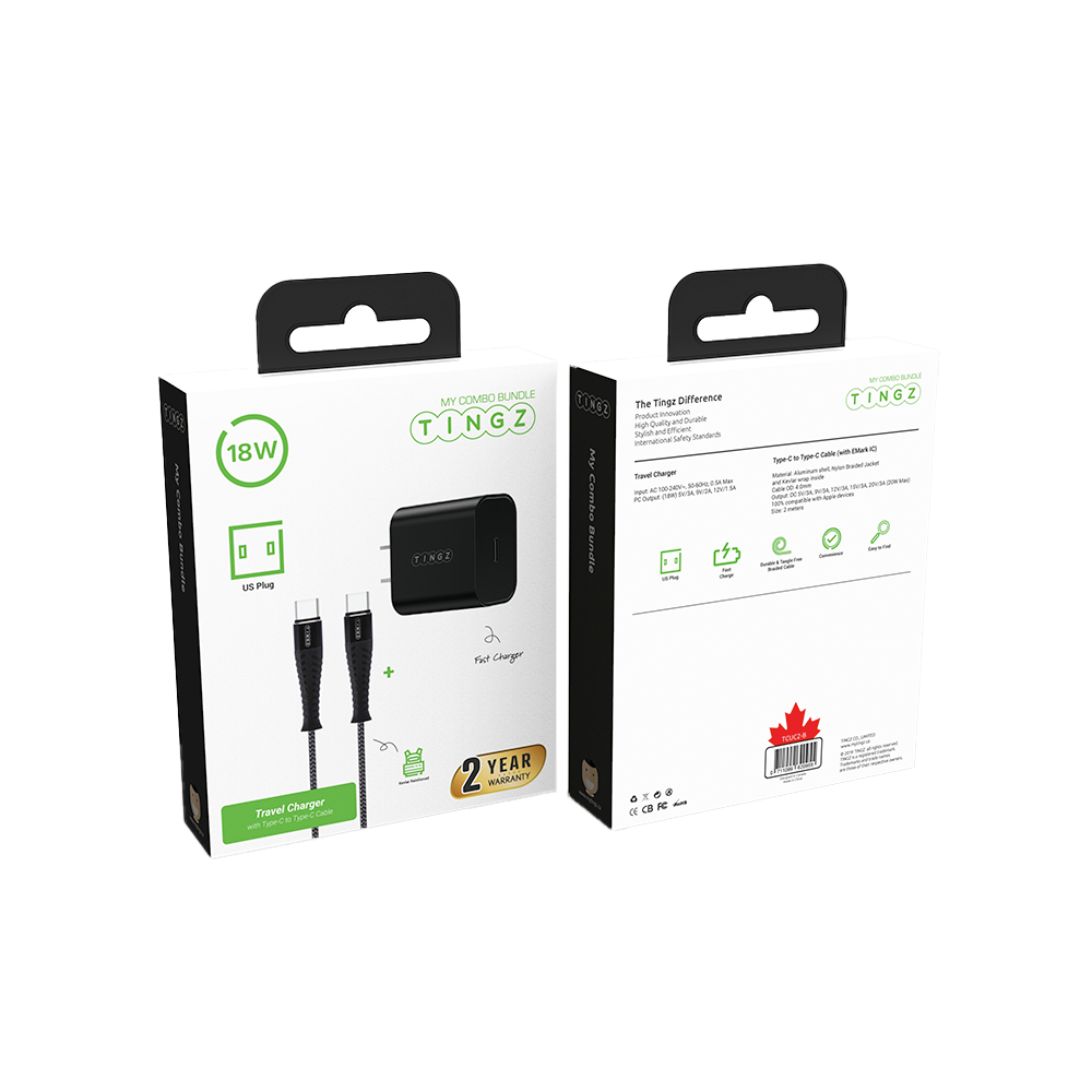 Tingz TCUC2-B 18W Travel Charger + 2M Cable C T C