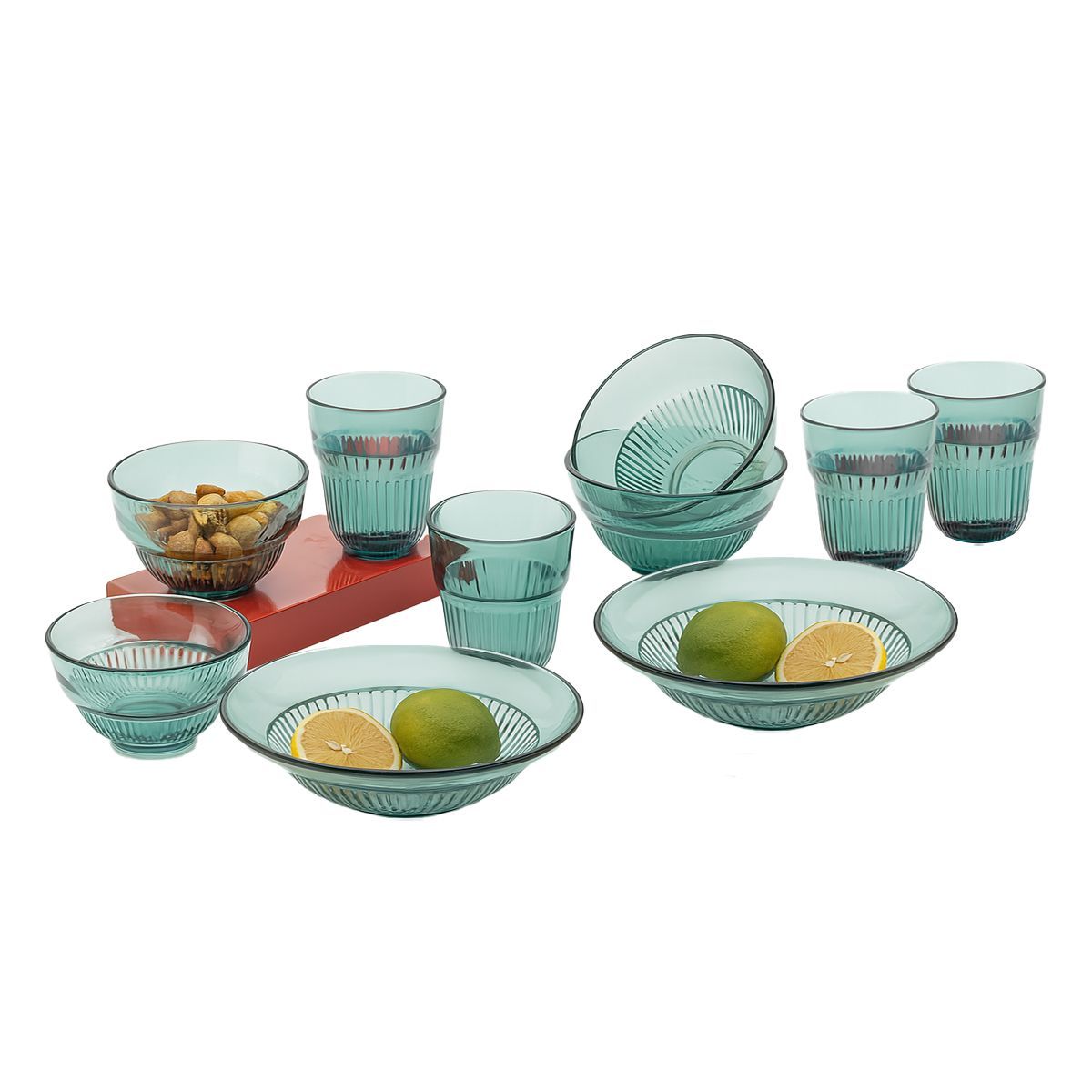 Glassware 10Pcs Set 4 Cups/ 4 Bowls / 4 Plates Blue GW-10GN