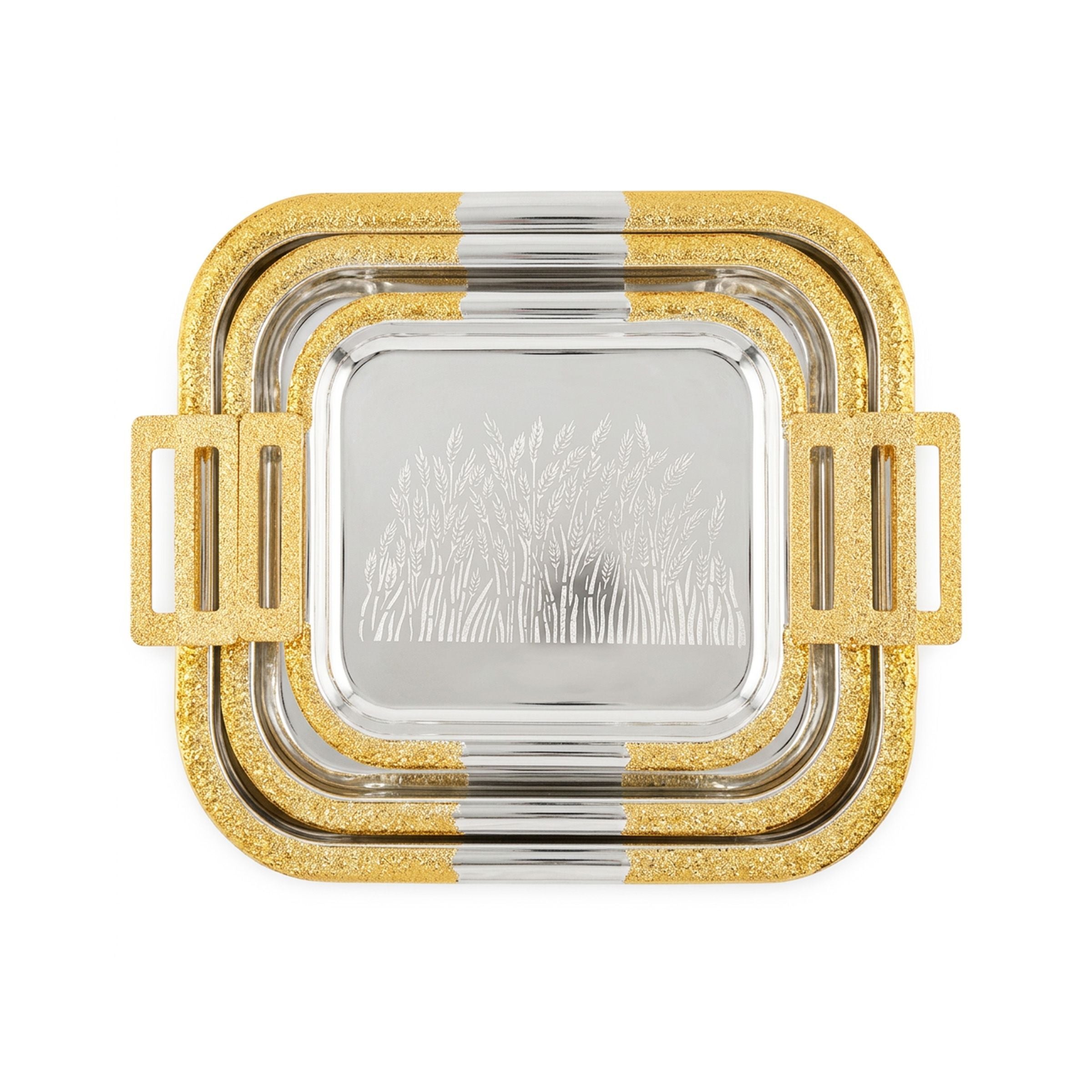 Metal Square Tray set-3Pcs Gold+Silver(Gold Handle) OTR-3GS